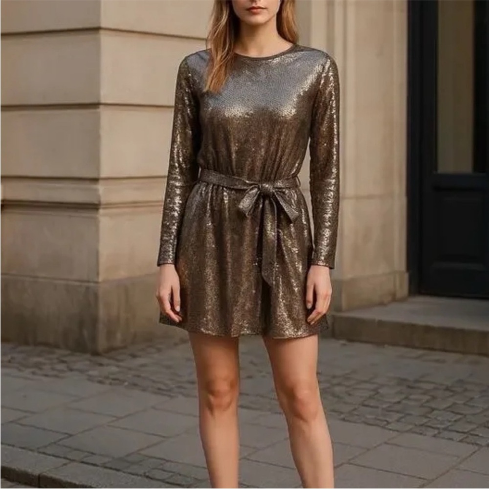 Mac Duggal Sash Belt Long Sleeves Mini Dress 10789 size 2 Taupe Sequins Cocktail - Picture 2 of 7